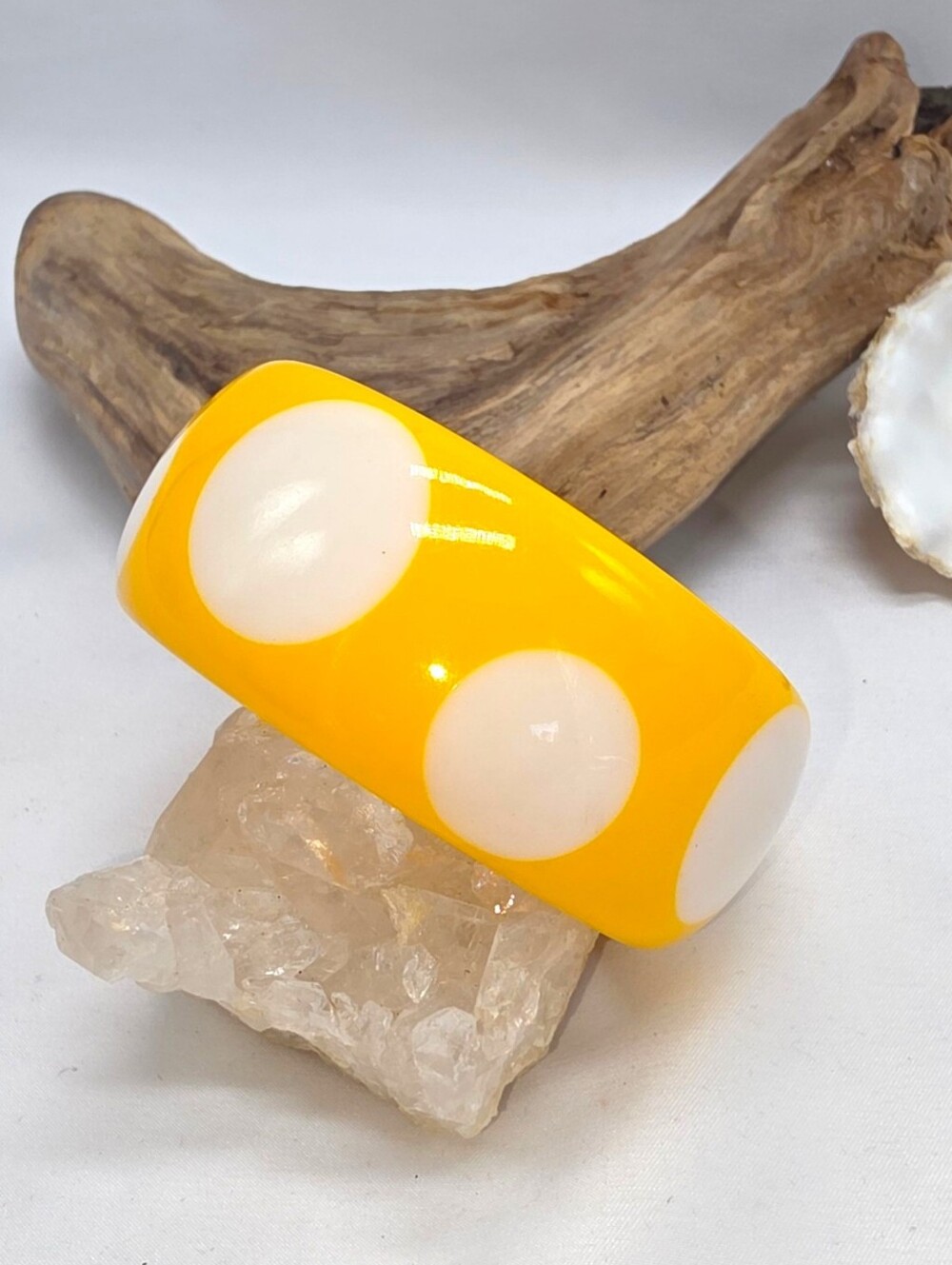 Vintage 1960s Lucite Polka Dot Bangle Bracelet Yellow White Chunky Mod